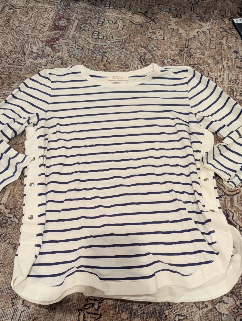 Eliana Maternity Navy and White Striped Long-Sleeve Top with Side Snaps